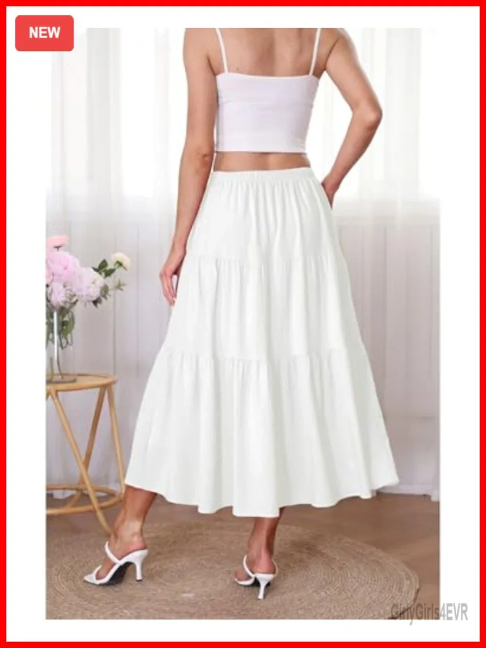 Boho A-Line Midi Skirt High Waisted Flowy Tiered Cotton Blend